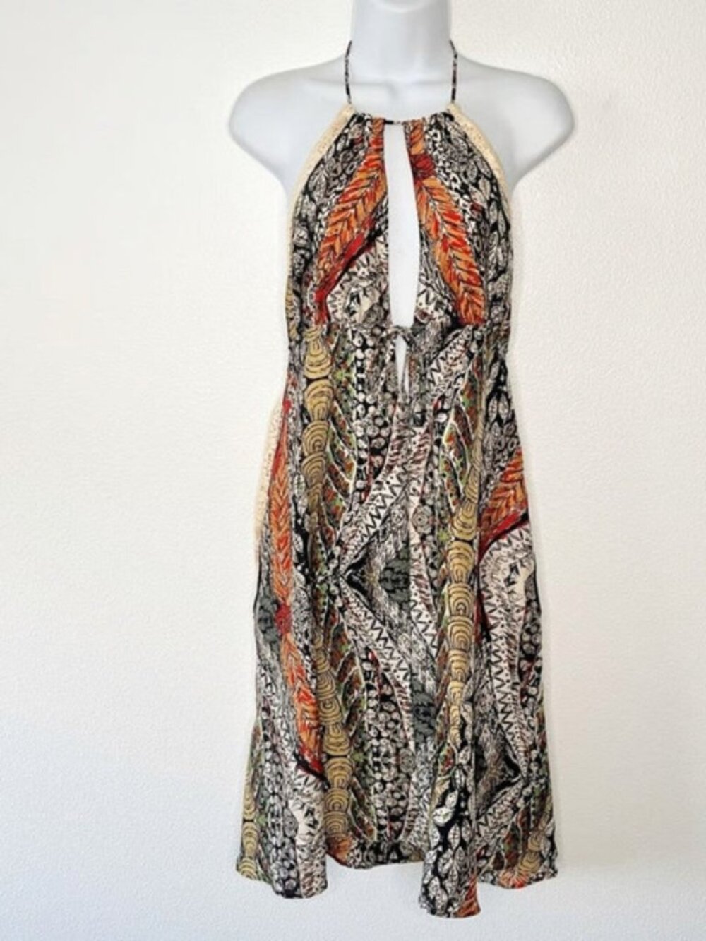 LaRok Halter Printed Open Back Sexy Womens Sun Dress Silk Size Medium